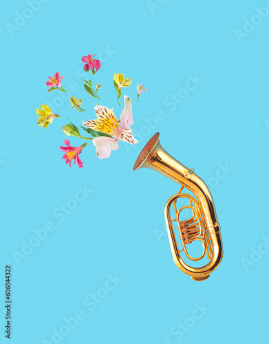Canvas Print Creative concept of tuba musical instrument with colorful flying lily flowers