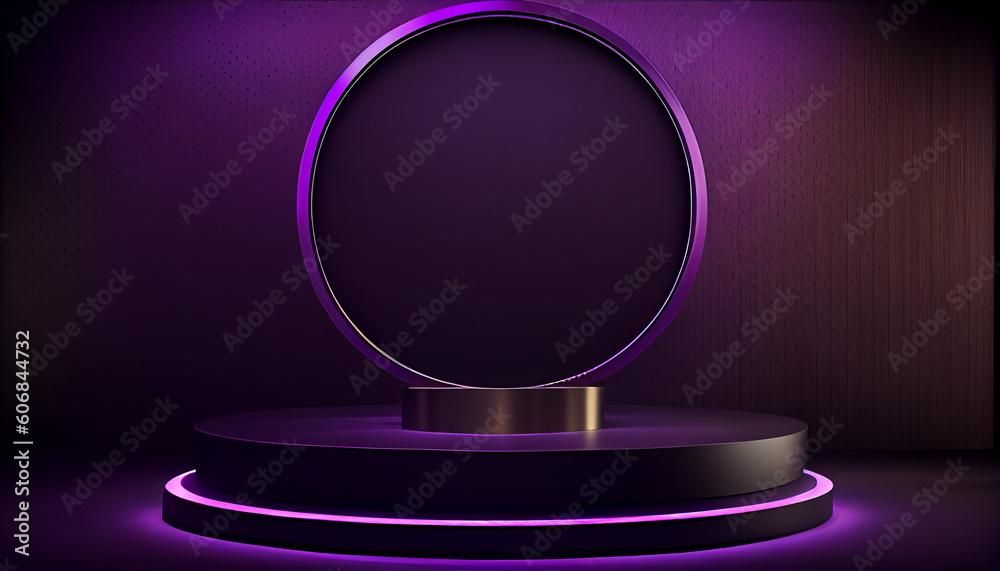 Purple light round podium and black background for mock up Ai generated image Purple light round podium and black background for mock up Ai generated image