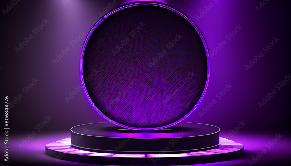 Purple light round podium and black background for mock up Ai generated image Purple light round podium and black background for mock up Ai generated image