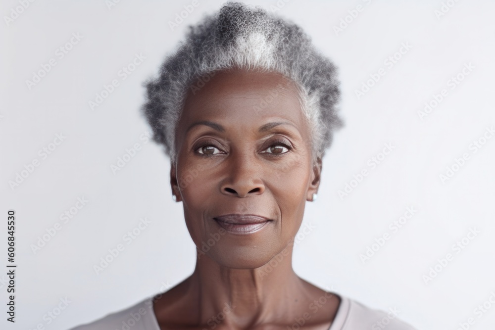 Portrait of Senior African American Woman with Short Grey Hair on Copy Space. Gorgeous Age Model. Generative AI. Portrait of Senior African American Woman with Short Grey Hair on Copy Space. Gorgeous Age Model. Generative AI.
