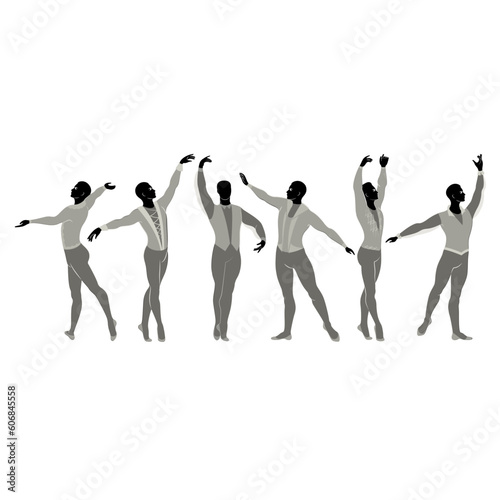 Collection. Silhouette of a slim guy, male ballet dancer. The artist has a beautiful slim figure, strong body. The man is dancing. Vector illustration set
