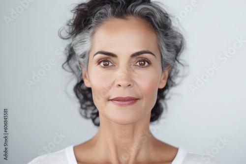 Middle Aged Woman with Short Grey and Black Hair on Copy Space. Skin Treatment and Cosmetology. Generative AI.