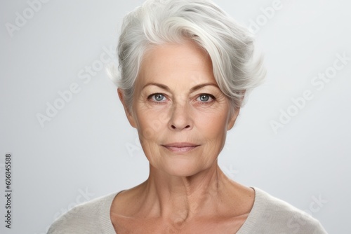 Portrait of Senior Scandinavian Woman with Grey Short Hair on Copy Space. Age-Friendly Model. Generative AI.