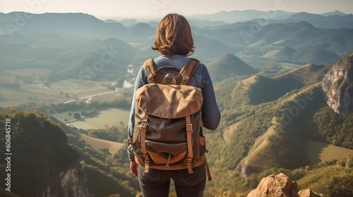 Woman hiker with backpack standing on the top of the mountain looking the scenic view - Traveler enjoying nature - Sport and journey concept - tourist in the mountains, Generative AI