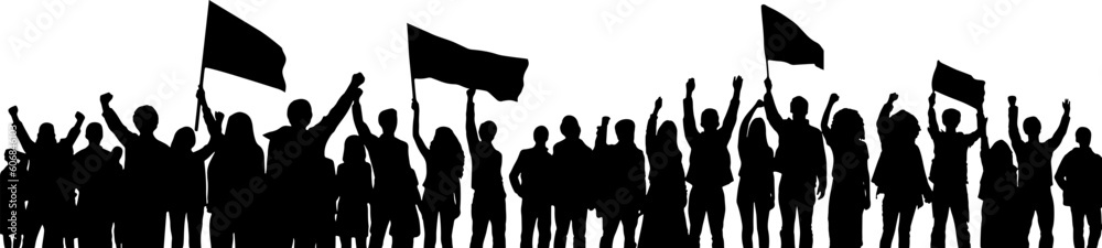 People with flags. Isolated silhouette. Vector border decoration. Conceptual illustration of meeting, protest, revolution, sport fans or music concert.