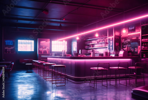 a coffee shop with neon lights, tables and chairs