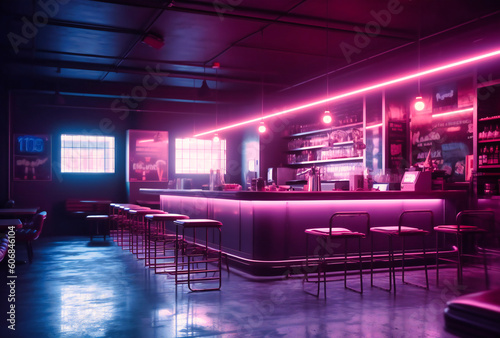 a coffee shop with neon lights  tables and chairs