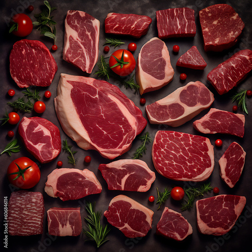 Beautiful Meat Cuts on a Slate Board, AI generated