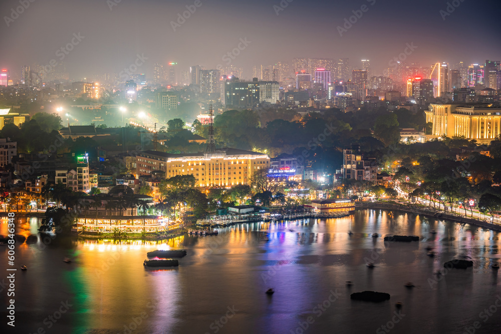 Hanoi cityscape at twilight at West Lake. Famous destination of Vietnam