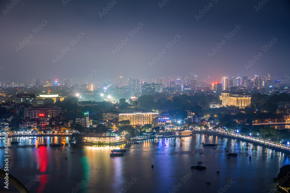 Hanoi cityscape at twilight at West Lake. Famous destination of Vietnam