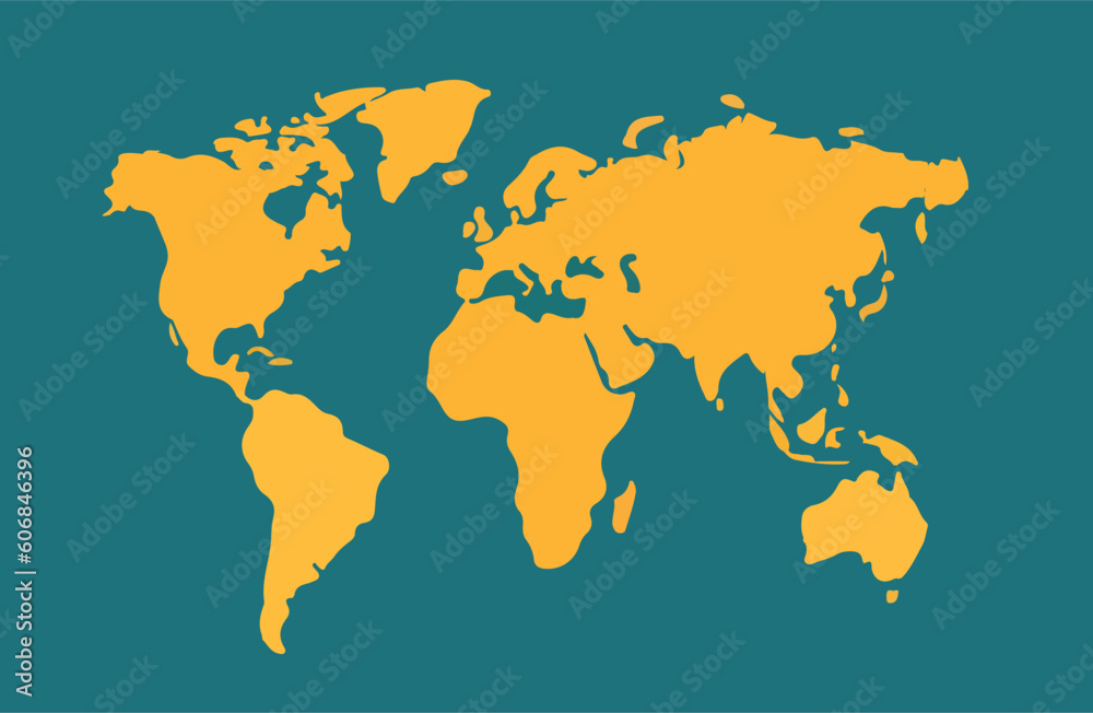 Flat vector illustration of world map in yellow color on green background Flat vector illustration of world map in yellow color on green background