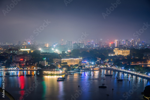 Hanoi cityscape at twilight at West Lake. Famous destination of Vietnam