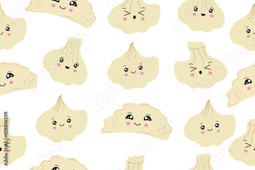 Dumplings , pierogi, vareniki, pelmeni) seamless pattern. Dumplings on background. Vector hand drawn illustration seamless pattern. 