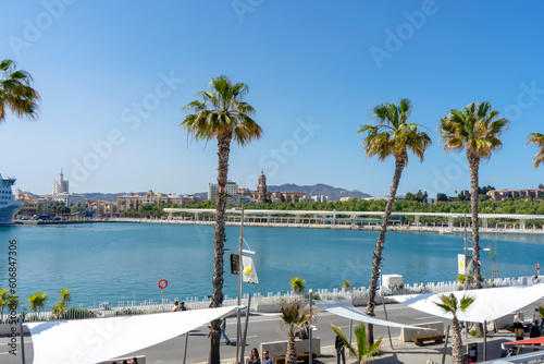 View of Malaga port with Cathedral on the background in Malaga, Spain on April 9, 2023 
