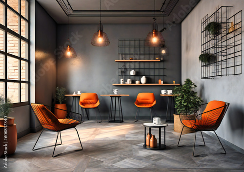 modern coffee shop interior with grey and orange chairs