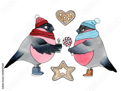 Watercolor illustration of cartoon bullfinches boy and girl, gingerbread cookie, christmas candy. Valentines day. New Year's set for design of packaging, paper, fabric, textiles, scrapbooking.
