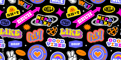 Vintage cartoon sticker label seamless pattern. Retro 90s neon color icon tag background texture. Trendy funny quote sign wallpaper print.