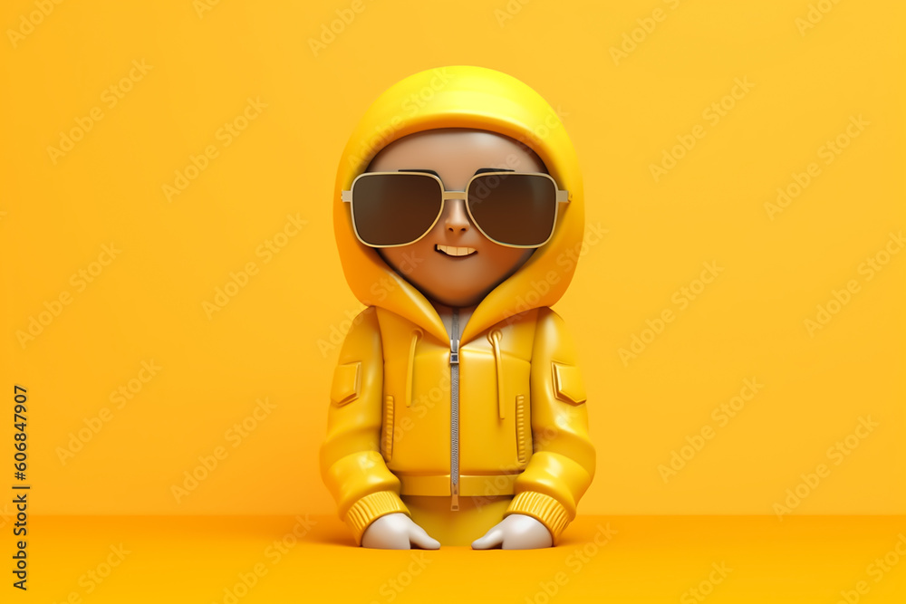 3d cartoon character wearing yellow jacket 3d render