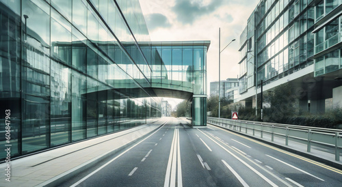 road in front of large building with glass walls behind
