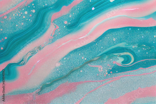 Pink and teal acrylic color liquid ink swirl abstract background with ravishing turbulence wavy pattern and detailed texture. Colorful and realistic dynamic texture by Generative AI.