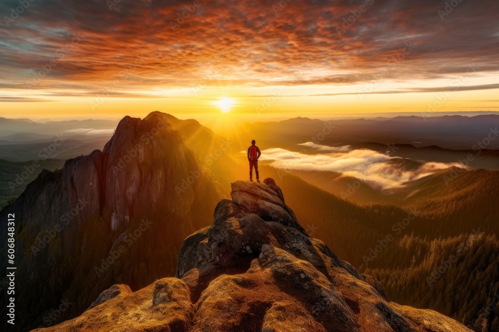 Hiker stands at the summit of a difficult mountain climb to be greeted with a beautiful view of the sunrise.Created with generative AI
