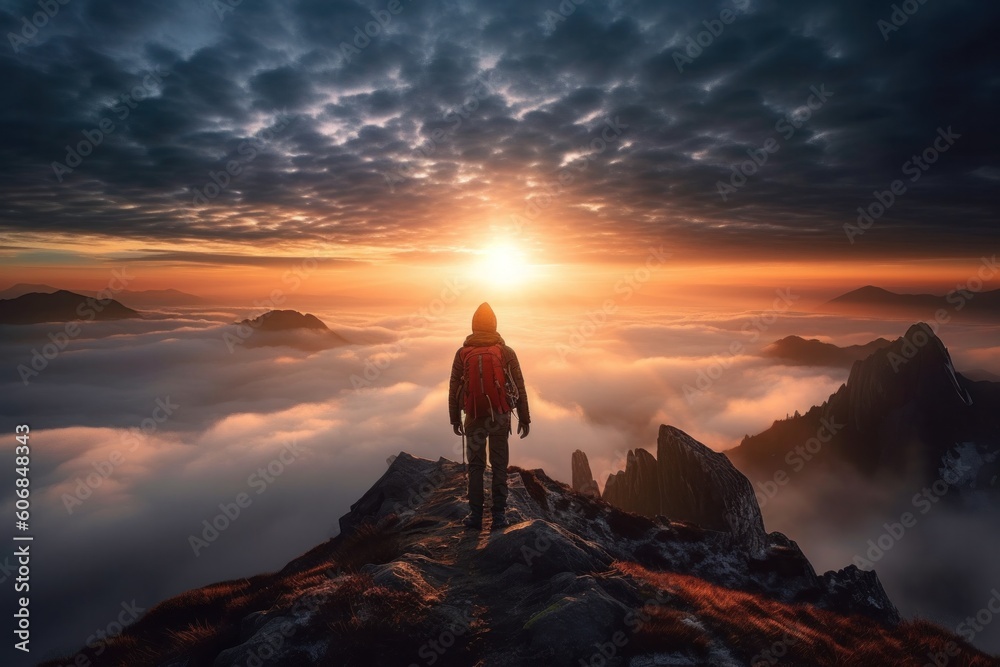 Hiker stands at the summit of a difficult mountain climb to be greeted with a beautiful view of the sunrise.Created with generative AI