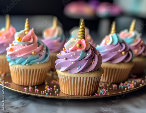 Cute unicorn theme cupcakes. Ai generated