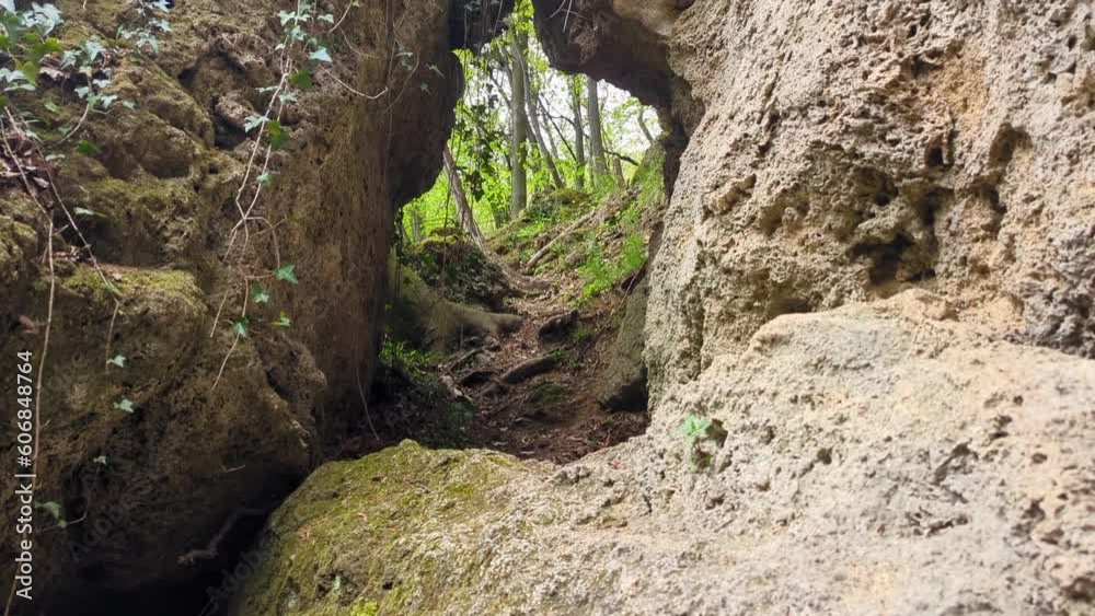 An arch of stones in the rock through which you can see the trees in the forest An arch of stones in the rock through which you can see the trees in the forest