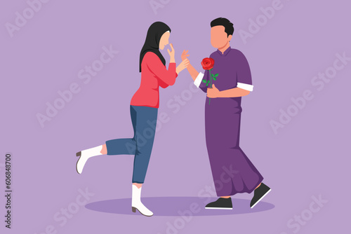 Cartoon flat style drawing happy Arab couple in love on romantic date. Cute smiling boy giving rose flower to his pretty girl. Man and beauty woman met for dating. Graphic design vector illustration