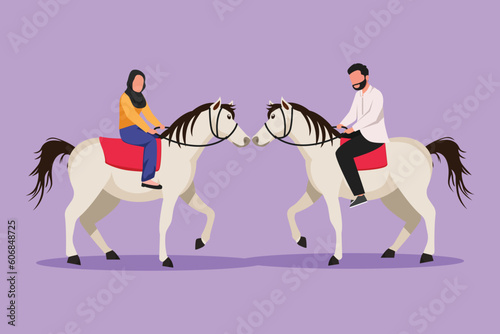 Cartoon flat style drawing romantic Arabian couple in love riding horse together at meadow. Man and woman meet for dating with ride horse. Engagement, love relation. Graphic design vector illustration