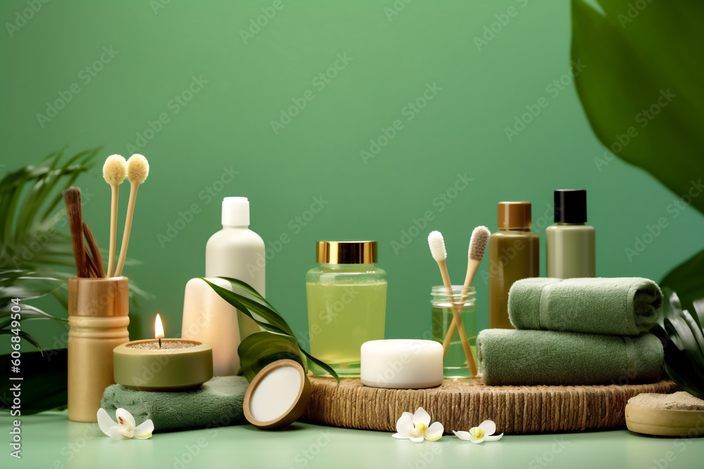 Natural cosmetics, ingredients and bathroom or spa accessories arranged on green background. Eco-friendly and natural beauty concept. Generative Ai content Natural cosmetics, ingredients and bathroom or spa accessories arranged on green background. Eco-friendly and natural beauty concept. Generative Ai content