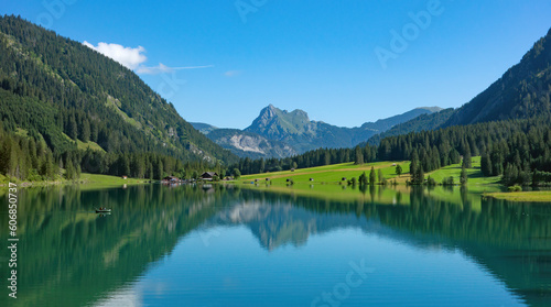 Fototapeta Naklejka Na Ścianę i Meble -  Alpine lake in an environment of mountains and the woods