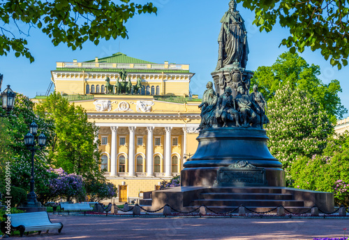 St. Petersburg, Russia - june 2022: Catherine's Garden and Alexandrinsky Theater in spring