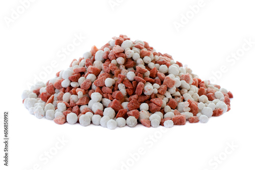 Potassium chloride and superphosphate isolated on white background. Close-up of red and white color mineral fertilizer, top view. Heap of potassium chloride and superphosphate on a white background. photo
