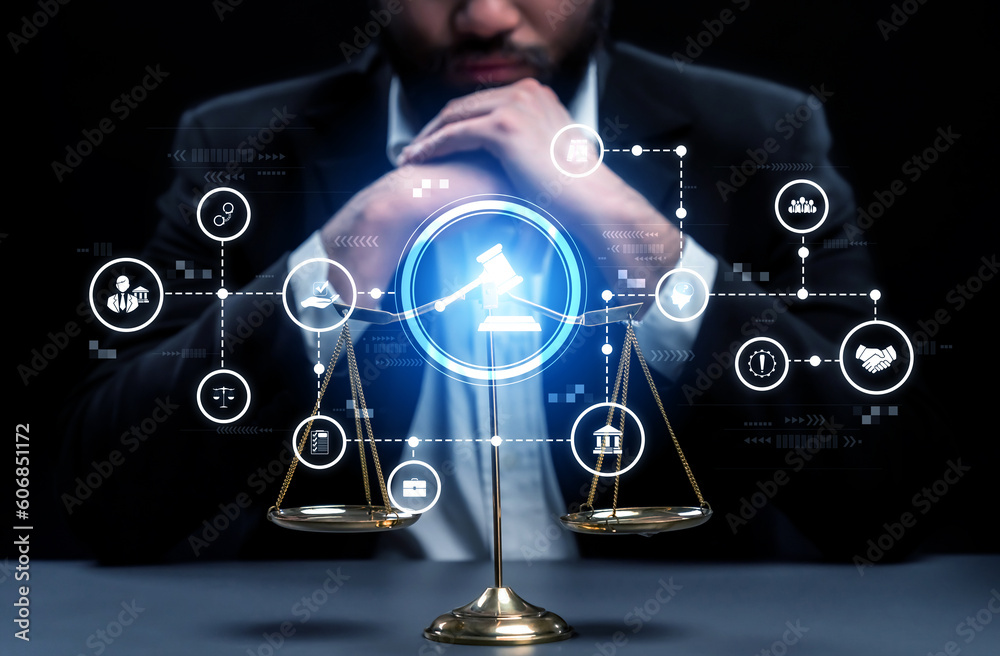 Φωτογραφία Smart law, legal advice icons and lawyer working tools in the lawyers office showing concept of digital law and online technology of astute law and regulations