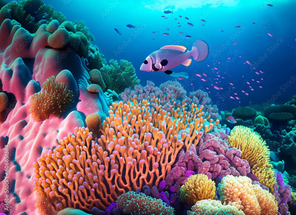 Coral reef with soft coral and fish in sea. Generated AI Coral reef with soft coral and fish in sea. Generated AI
