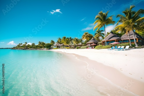 A stunning beach resort next to the white sandy beach with blue water and sky. The perfect vacation holiday with palm trees. Generative AI.