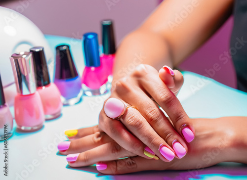 Manicure concept Beautiful womans hands with perfect manicure at beauty salon. Generated AI