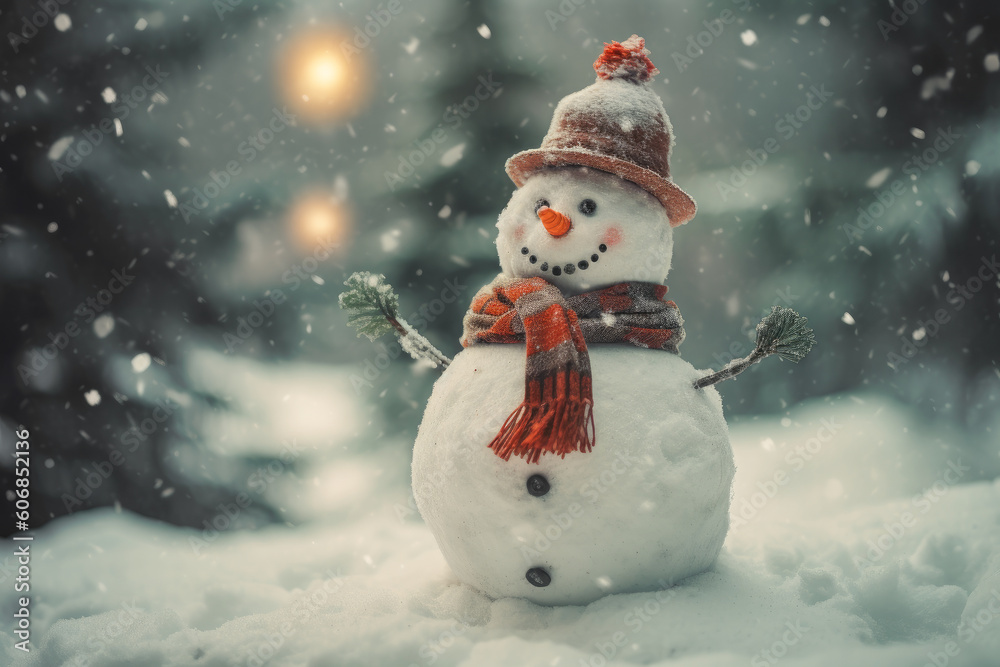 Obraz premium Snowman in a winter Christmas scene with snow, pine trees and warm light. Merry Christmas background.