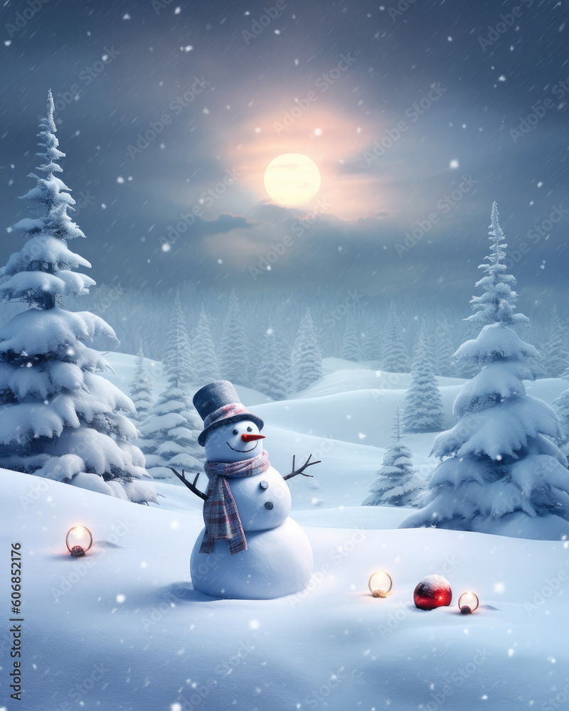 Fototapeta premium Snowman in a winter Christmas scene with snow, pine trees and warm light. Merry Christmas background.