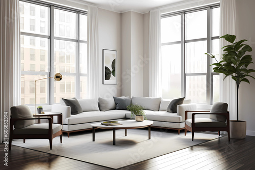 Image of a modern living room with a minimalist design, featuring sleek furniture, clean lines, and abundant natural light, simplicity, sophistication, understated luxury, functional elegance