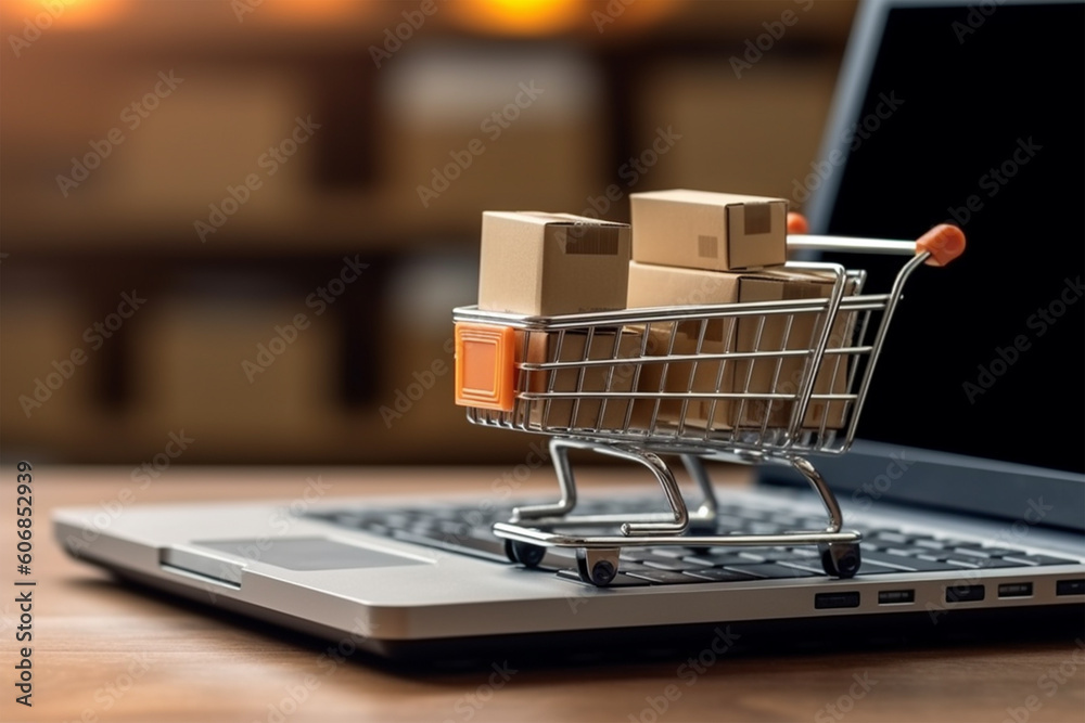 A laptop with a shopping cart on it that says'boxes'on it.