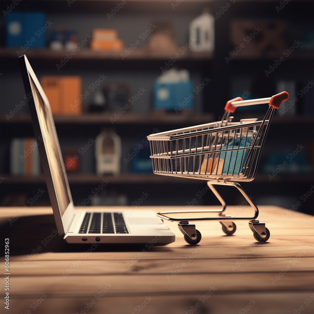 A small shopping cart sits next to a laptop on a wooden table.
