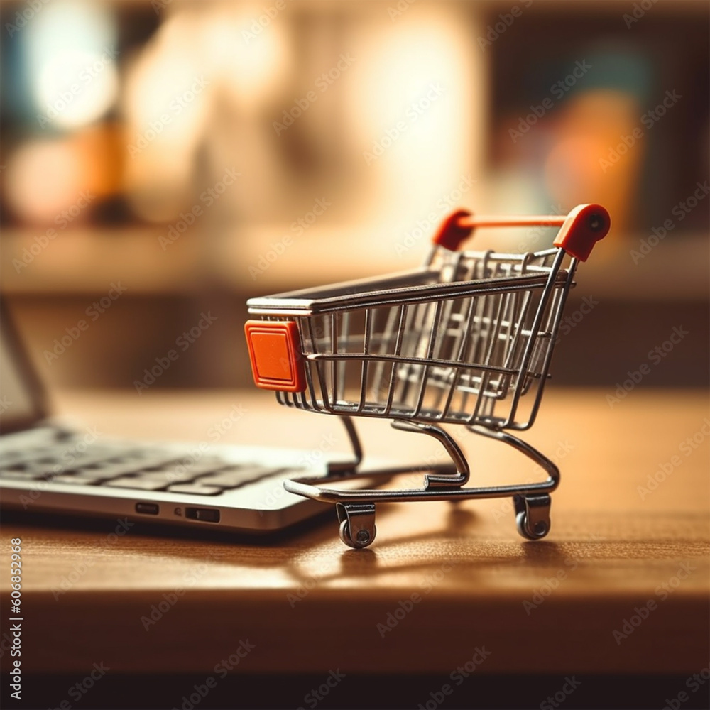 A small shopping cart sits next to a laptop.