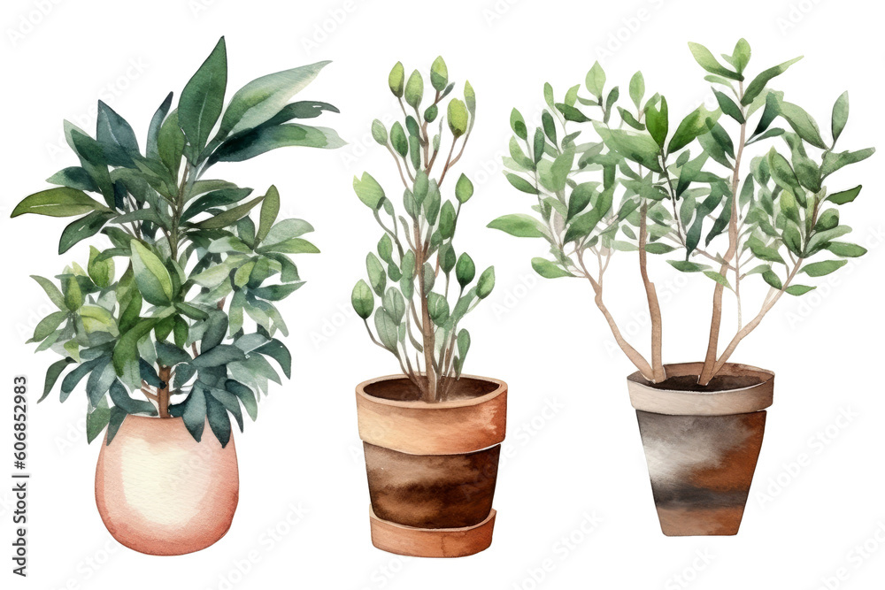 Watercolor of minimal Green Houseplant tree isolated on clear png background, elements natural botanical, leaves, flowers and herbs, set of tree plant collection, with Generative Ai. Watercolor of minimal Green Houseplant tree isolated on clear png background, elements natural botanical, leaves, flowers and herbs, set of tree plant collection, with Generative Ai.