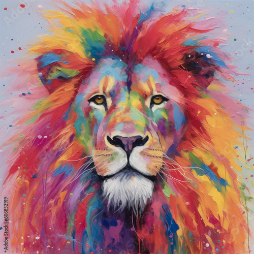 A painting of a lion with a bright mane and a rainbow colored mane.