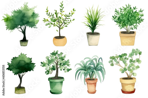 Watercolor of minimal Green Houseplant tree isolated on clear png background, elements natural botanical, leaves, flowers and herbs, set of tree plant collection, with Generative Ai.