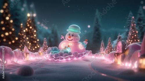 Snowman with a garland. Christmas and a cheerful holiday theme. Generative AI. Illustration for brochure, cover, poster, presentation or banner.