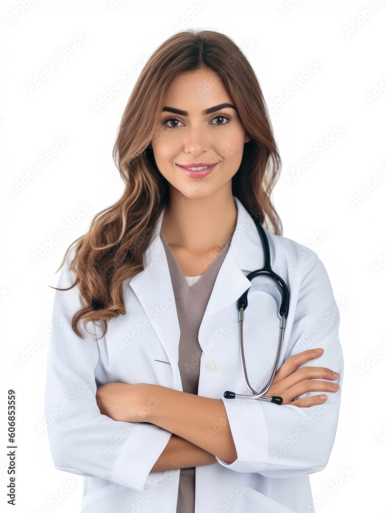 Portrait confident young female doctor on a white background. AI generated. Portrait confident young female doctor on a white background. AI generated.