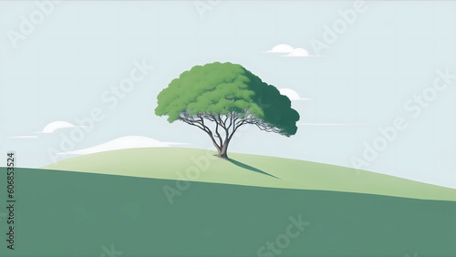 A minimalistic landscape of tree on the hill. Generative AI